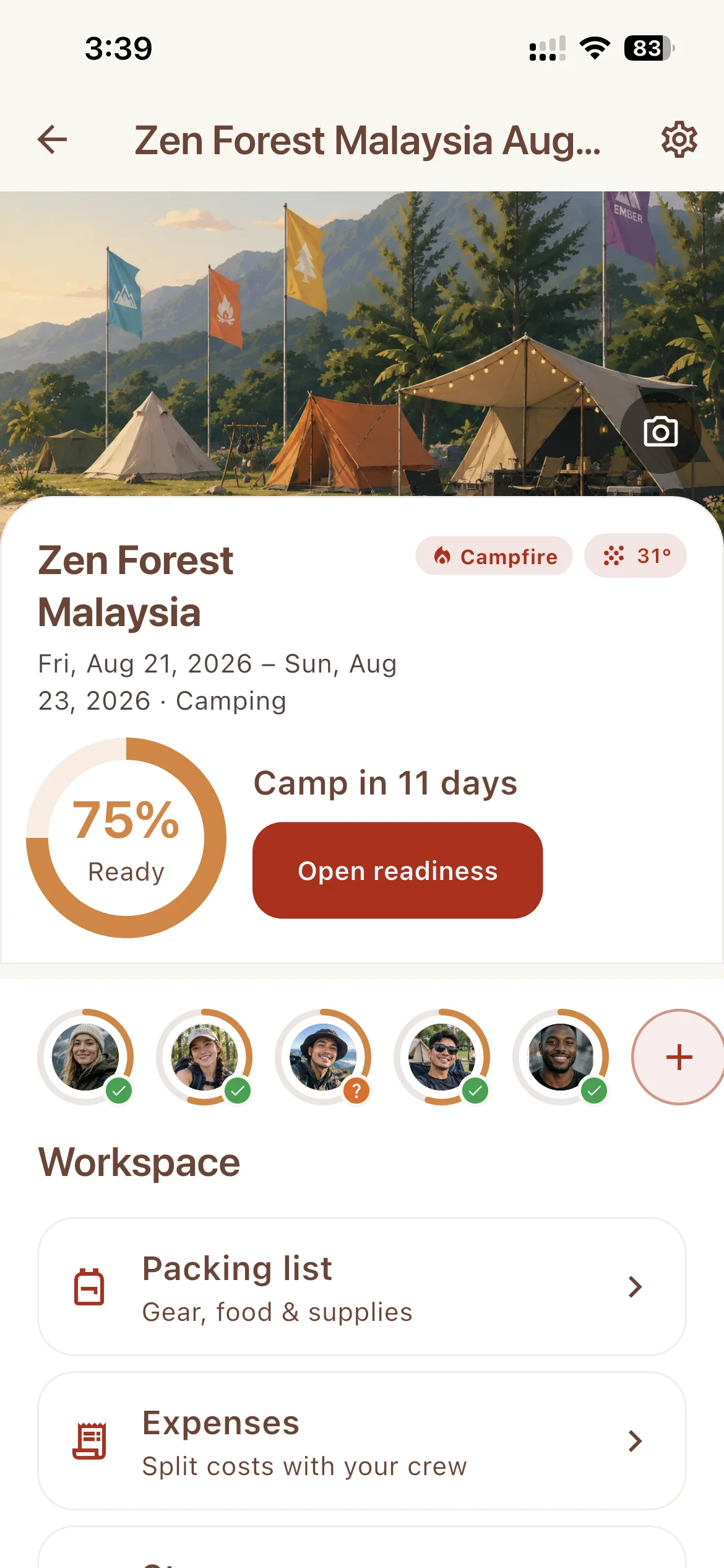 Ember app screenshot showing an adventure workspace with packing, expenses, and readiness